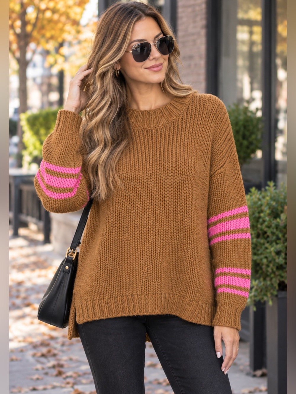 Aerie Sweater Brown Pink Pullover Long Sleeve Acrylic Wool Blend Womens Size XS